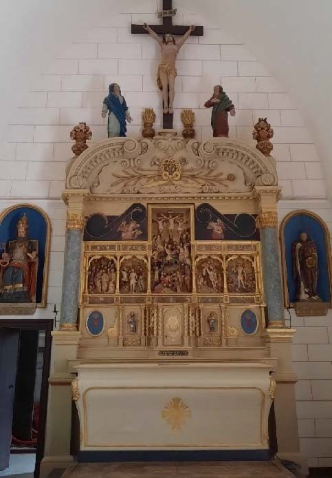 Atelier Giordani - Conservation - Restauration
Edifice – Mobilier - Sculpture – Objets d’art – Moulage –
Pierre, bois métal, polychromie et dorure - Conservation-restauration générale du choeur : Retable majeur et son maître-autel - Pierre calcaire, maçonnerie et plâtre, bois ; décors peints, dorés et argentés - OPÉRATIONS RÉALISÉES
-	Dépoussiérage, refixage, nettoyage
-	Comblement des lacunes, ragréage et masticage
-	Restitution d’éléments manquants par prise d’empreinte et moulage
-	Dégagement mécanique par clivage au scalpel
-	Allègement de la bronzine
-	Retouches sur les décors peints, dorés (or mica) et argentés (argent minéral Iriodin)
-	Dorure à la mixtion
-	Restitution des fonds (peinture acrylique) à partir de sondages
-	Patines d’harmonisation