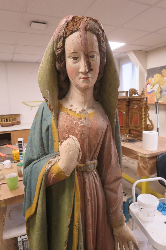 Atelier Giordani - Conservation - Restauration
Edifice – Mobilier - Sculpture – Objets d’art – Moulage –
Pierre, bois métal, polychromie et dorure - Restauration de deux statues en bois polychrome - Bois polychrome - - Traitement insecticide en anoxie dynamique
- Traitement insecticide chimique préventif 
- Dépoussiérage, nettoyage, purge
- Consolidation chimique du bois
- Restitution des manques et éléments mobiles
- Comblements et masticage
- Réintégration colorée et glacis
