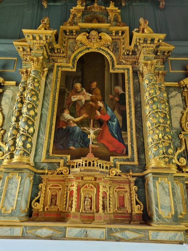 Atelier Giordani - Conservation - Restauration
Edifice – Mobilier - Sculpture – Objets d’art – Moulage –
Pierre, bois métal, polychromie et dorure - Retable majeur Bretagnolles - Bois peint et doré et pierre polychrome - - Dépoussiérage, nettoyage
- Traitement d'assainissement
- Révision et reprise de la structure
- Consolidation chimique des bois 
- Greffes non hypothétiques de bois sculpté
- Restitution par moulages et prises d'empreintes
- Conservation et restauration de la statuaire
- Refixage de la polychromie et réintégrations colorées 
- Allègement de la bronzine et restauration de la dorure sur mixtion à la feuille d'or