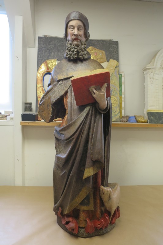 Atelier Giordani - Conservation - Restauration
Edifice – Mobilier - Sculpture – Objets d’art – Moulage –
Pierre, bois métal, polychromie et dorure - Restauration et dégagement de deux statues de Saint Antoine en bois et pierre - bois et pierre polychrome - Concernant les deux statues :
- Sondages stratigraphiques
- Dépoussiérage des statues et refixage de la polychromie en concomitance
- Dégagement du surpeint XIXème
- Comblement des manques et lacunes
- Réintégration colorées des lacunes

Statue bois : 
- Traitement infestation xylophage et consolidation du matériau